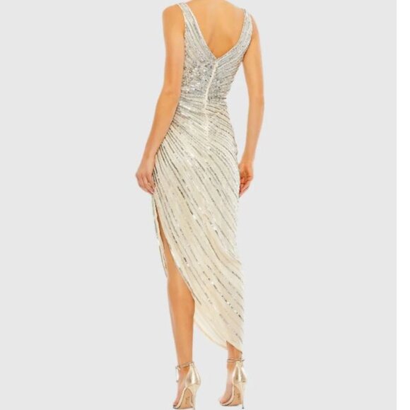 ✨ Mac Duggal Sequined Faux Wrap Midi Dress – Size 6, Nude Silver, NWT ✨ - Picture 2 of 12